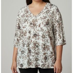 Pure Jill J. Jill XLPetite Floral Printed Soft V-Neck 3/4 Sleeve Top Cream Brown